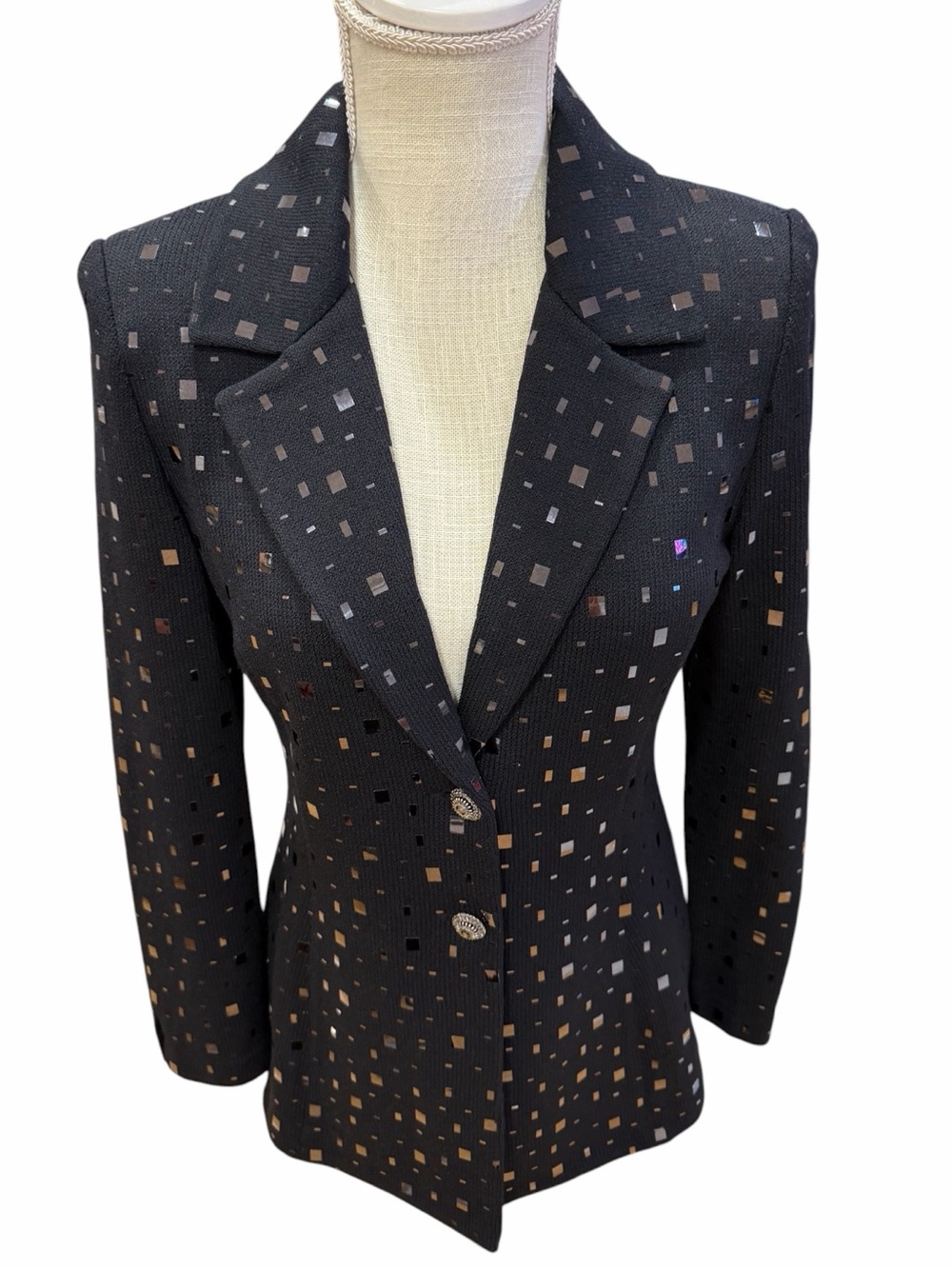 St. John Evening Marie Gray Santana Knit Skirt Suit Mirrored Paillette Black Set - Picture 6 of 11